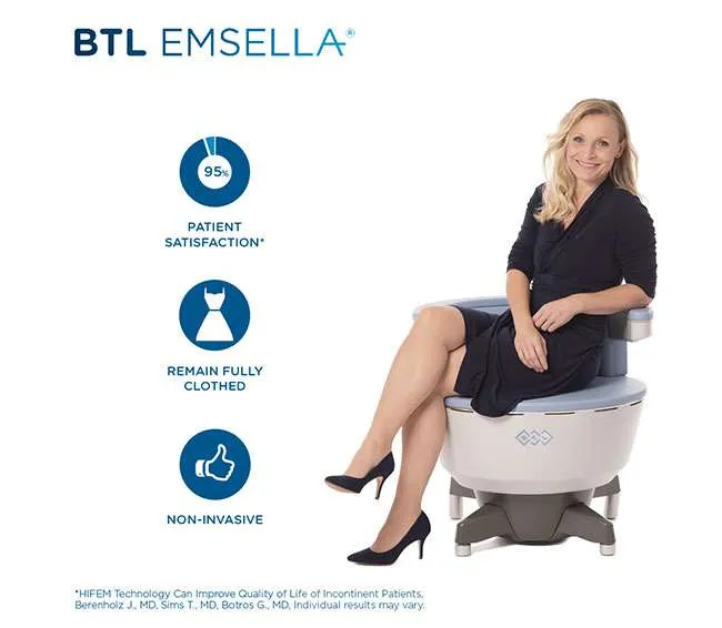 Patient seated fully clothed on the BTL Emsella pelvic floor treatment chair