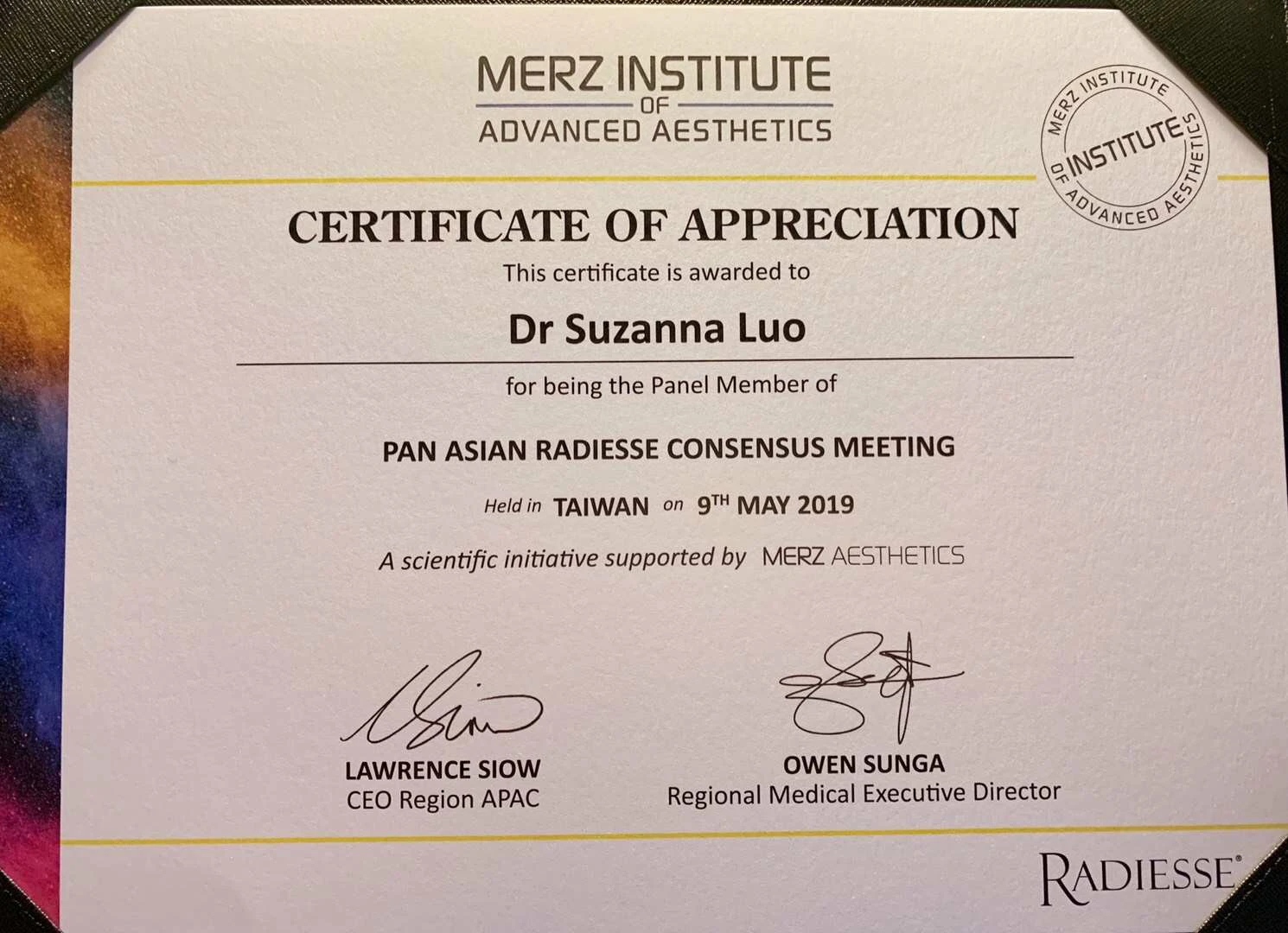 Certificate documenting Dr Suzanna Luo's participation in a 2019 pan-Asian consensus meeting
