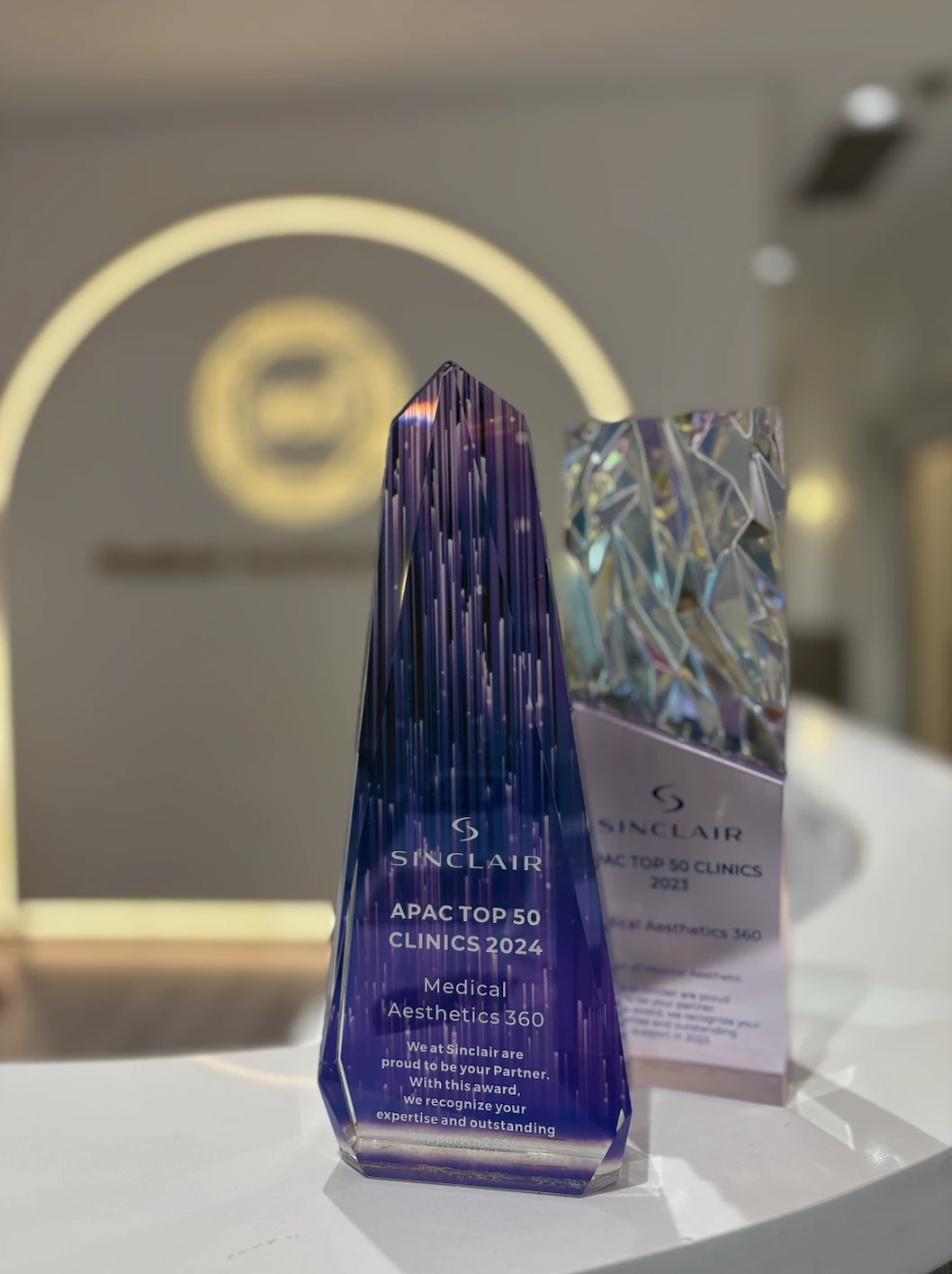 Sinclair APAC Top 50 Clinics awards for 2023 and 2024 bearing the Medical Aesthetics 360 name