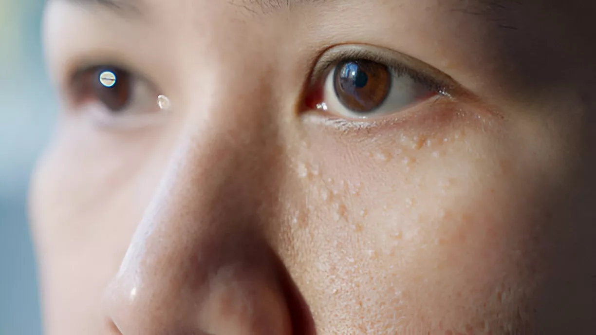 Small skin-coloured syringoma bumps clustered beneath the lower eyelid