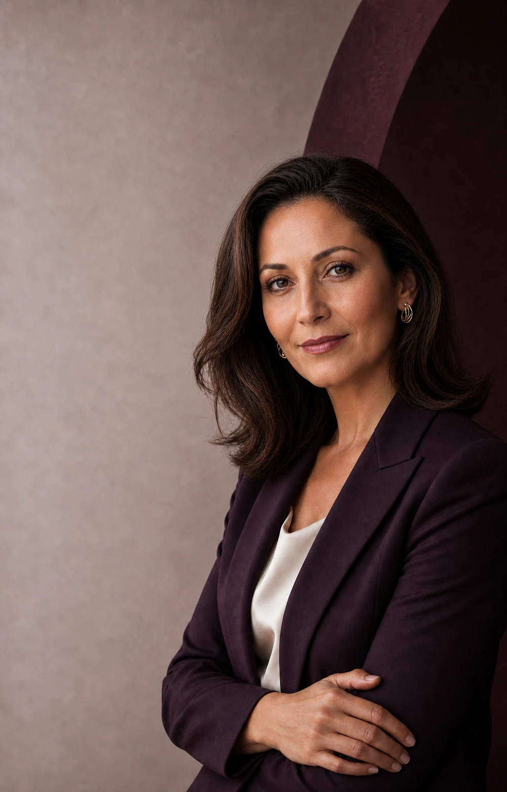 Professional woman in her late thirties wearing a tailored burgundy blazer in a refined studio portrait